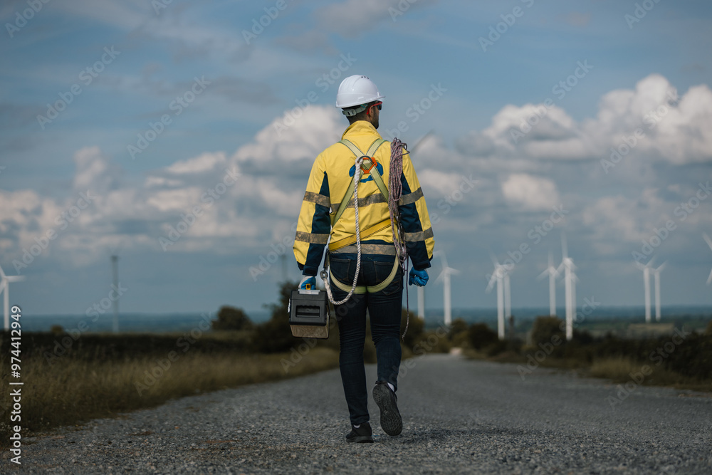 Aufkleber Back view of man engineers holding tools box and rope to maintenance working in wind turbine. Renewable energy power wind turbine. Technology protect environment reduce global warming problems.