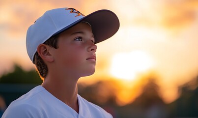 Young Athlete Gazes Thoughtfully at Sunset During Baseball Practice in the Summer Evening
