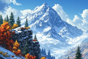 Fototapeta premium Pixelated Winter Wonderland: Retro 16-Bit Snowy Mountaintop with Icy Cliffs and Trees under Clear Blue Sky