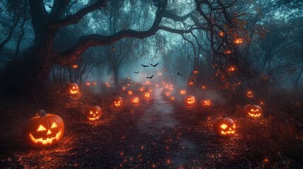 A dark, eerie forest illuminated by glowing jack-o'-lanterns hanging from trees, with a full moon and bats flying overhead.