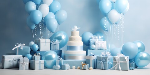 Light-themed birthday party with blue cake, balloons, and presents.