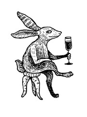 Hare Cat Cocker Spaniel with a glass of wine ink line tattoo print stamp