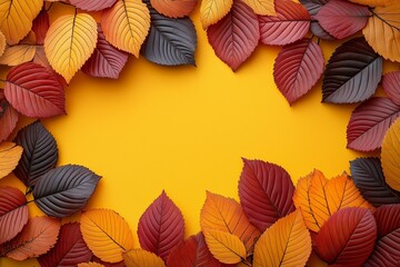 A yellow background with a frame of red and orange leaves. The leaves are arranged in a circle and are of different sizes