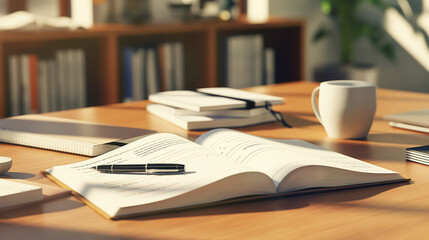 Naklejka premium Open Notebook with Pen and Coffee Cup on a Wooden Desk in a Bright Home Office