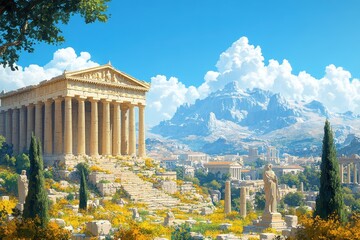 Pixelated Ancient Greek Cityscape - Retro Minimalist Design with 16-Bit Temples, Columns, and Statues in Warm Tones