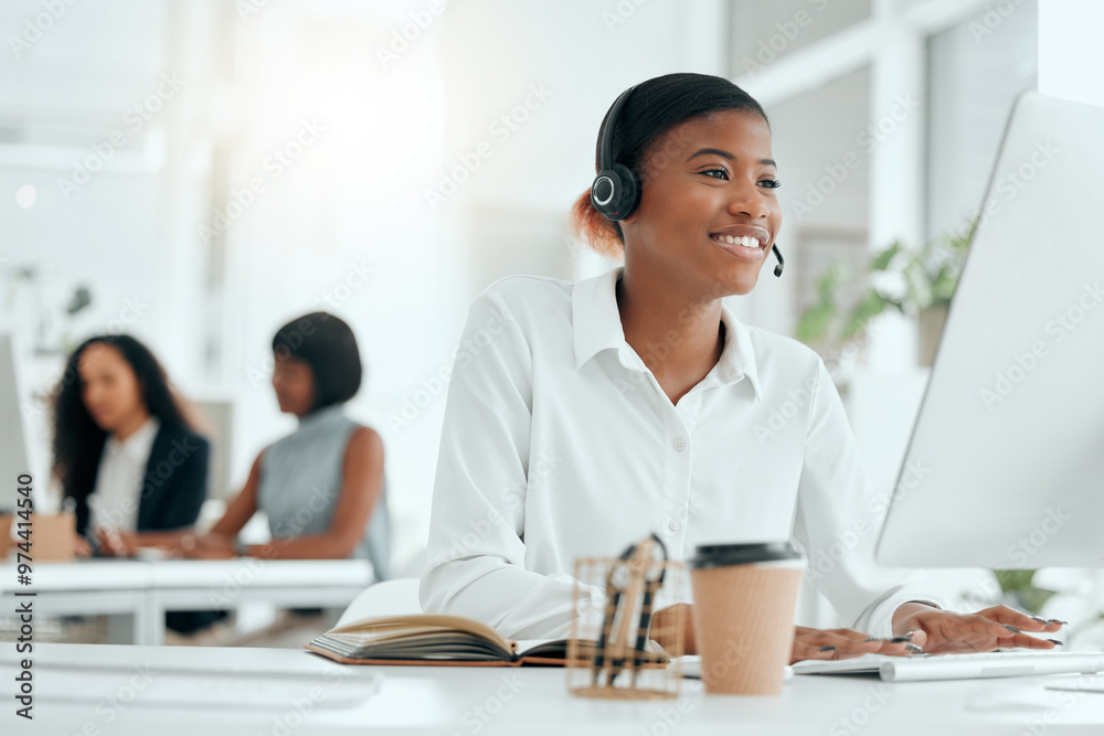 Poster call center, woman and consultant with headset typing to client for customer service, technical supp
