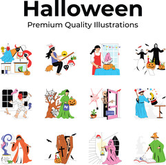 A captivating set of Halloween themed illustrations showcasing playful and spooky