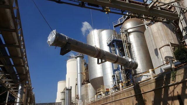 Industrial facility showcasing large metal pipelines and storage tanks under clear blue skies, highlighting modern engineering and manufacturing processes.