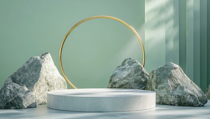 Minimalist product display with a white podium, rocks, and golden ring against a light green background.