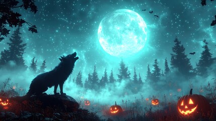 Naklejka premium Enchanting Halloween Night: 3D Cartoon Werewolf Howling at Full Moon in Spooky Forest with Glowing Pumpkins and Mystery Atmosphere