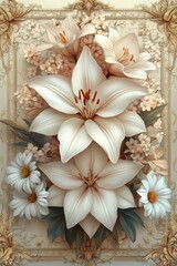 A beautiful floral arrangement featuring white lilies and daisies, elegantly designed with soft pastel colors and ornate details.