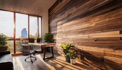 Wooden accent wall with reclaimed wood planks for an industrial-themed home office