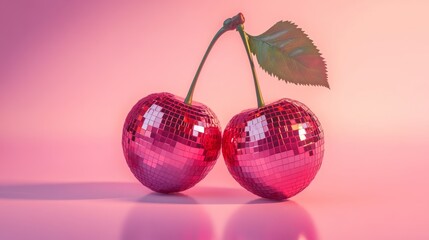 Pink disco ball cherries on gradient background