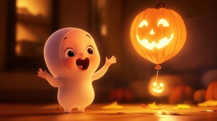 A cheerful ghost celebrates Halloween with a glowing jack-o'-lantern balloon in a cozy, autumn setting.