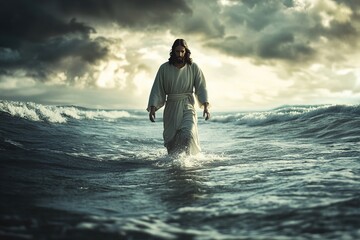 Jesus walking on water during a cloudy sunset, evoking themes of spirituality, faith, and miracles