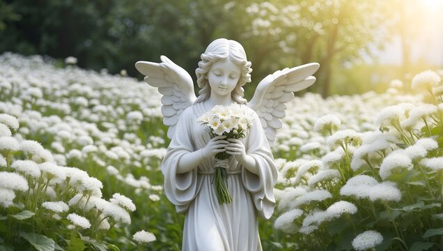 An angel statue holding a bouquet flowers, in the white flowers field