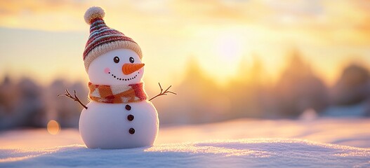 A cheerful snowman stands in a winter landscape during sunset, showcasing a hat and scarf with snowflakes gently falling around