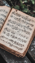 Obraz premium Antique sheet music vintage notes book open pages aged paper rustic background musical heritage classical composition nostalgic harmony retro design historical texture warm tones learn play banner ad