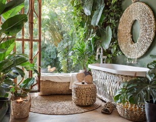Relaxing bohemian bathroom with rattan accents and lush greenery for a natural feel
