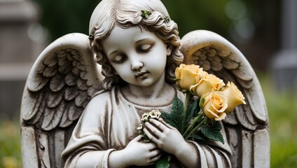 An angel statue holding a bouquet flowers in the grave