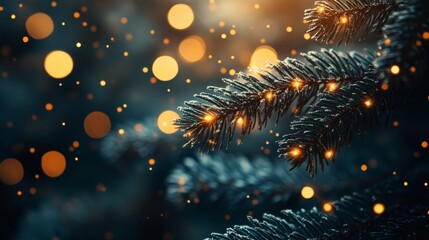 Fototapeta premium Close-up of Christmas tree branch with festive lights, winter holiday concept