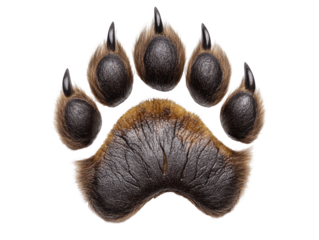 Brown animal paw print with fur details on transparent background.