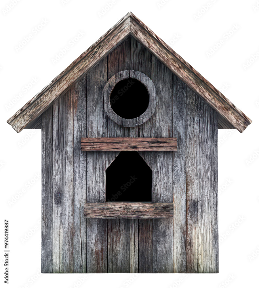 Wall mural Aged wooden birdhouse with rustic charm on transparent background.