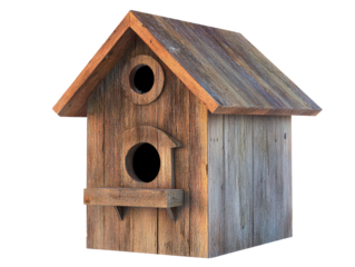 Rustic birdhouse with a slanted roof on transparent background.