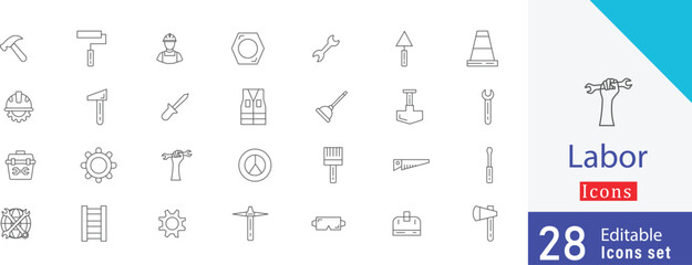 Labor outline stroke icon symbols. containing worker, tools, construction, industry, hard hat, wrench, hammer, gear, factory and more icons