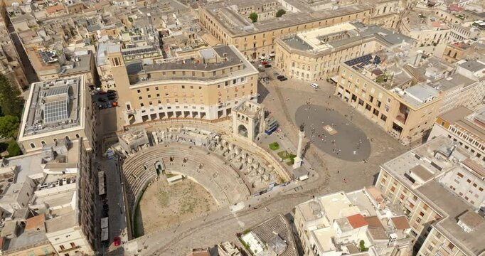 Aerial view of Sant'Oronzo square, Palazzo del Seggio and the Roman amphitheater of Lecce, In Puglia, Italy. It is for the people of Lecce the main meeting place.
