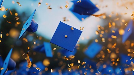 Graduation caps flying in the air with confetti during a celebratory moment