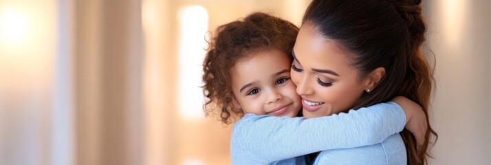 A mother in her 30s of mixed descent embraces her young child with curly hair, both smiling warmly