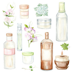 Makeup jars and candle. Watercolor Clip Art on a white background. The illustration is hand drawn in pastel colors. Suitable for card designs, textiles and scrapbooking.