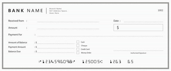 Obraz premium Empty money cheque. Bank check. check book template with pattern and blank fields. Currency payment coupon, US dollar check background.