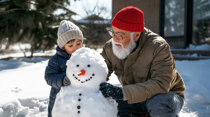 Christmas holidays, grandfather and granddaughter making a snowman in the yard of the house, family holidays, poster with wishes of Merry Christmas and Happy New Year