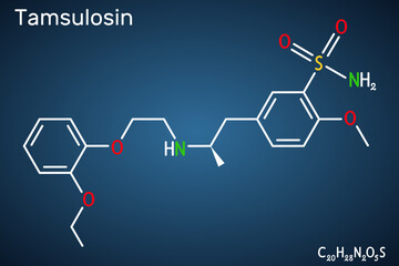 Tamsulosin drug molecule. Used to treat benign prostatic hyperplasia, ureteral stones, prostatitis. Structural chemical formula, dark blue background. Vector