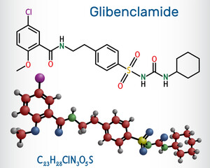 Glibenclamide, glyburide molecule. Sulfonylurea used in the treatment of non insulin dependent diabetes mellitus. Structural chemical formula, molecule model. Vector