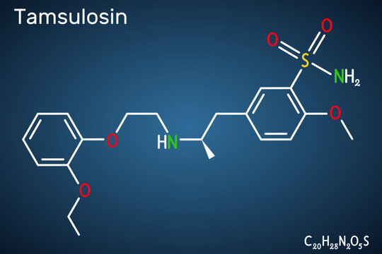 Tamsulosin drug molecule. Used to treat benign prostatic hyperplasia, ureteral stones, prostatitis. Structural chemical formula, dark blue background. Vector