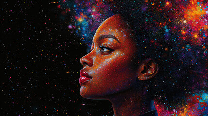 Profile of woman with cosmic afro hair, digital art. Afrofuturism and diversity concept
