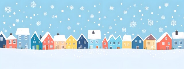A simple vector illustration of an animated Christmas winter town with houses, snowflakes falling from the sky, and a snowy landscape
