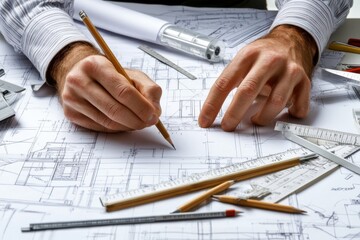 A close-up of an architect&rsquo;s hands as they carefully measure and sketch on a blueprint, with a desk full of drafting tools, pencils, and rulers
