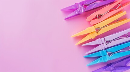 Colored clothespins in plastic pack isolated on pink and purple background