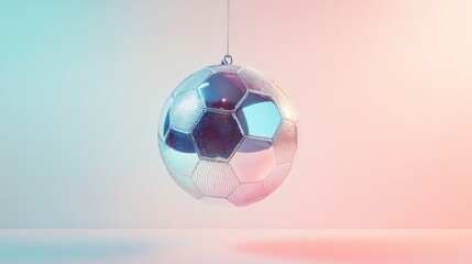 Naklejka premium Metallic soccer disco ball hanging against pastel background, contemporary art concept
