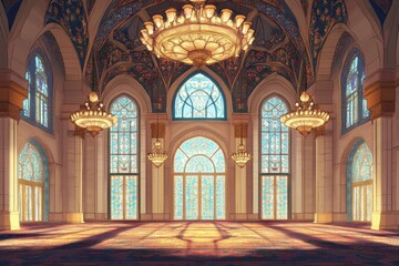 Obraz premium A detailed illustration of the mosque's interior, showcasing ornate chandeliers, colorful stained glass windows, and intricate geometric tilework on the walls