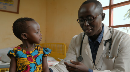 A medical professional is administering vaccine to young child in healthcare setting, showcasing moment of care and trust. child, dressed in colorful outfit, looks attentively at doctor, highlighting