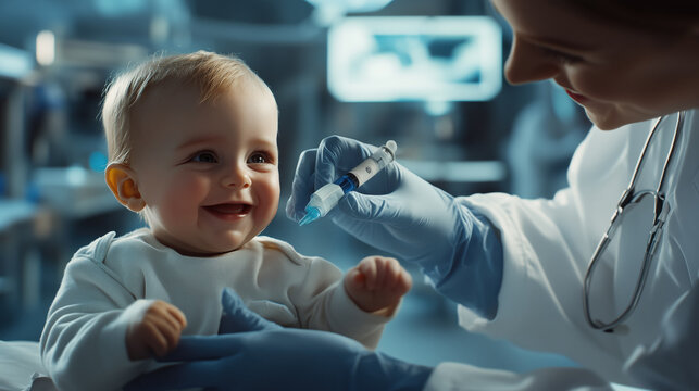 A medical doctor gently examines smiling baby in clinical setting, showcasing warm and caring interaction. scene highlights importance of pediatric care and bond between healthcare professionals and t