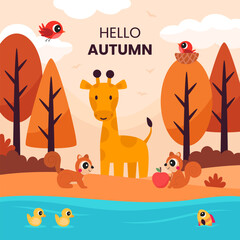 Autumn forest season with cute animals for social media, banner or presentation