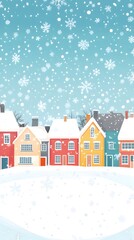 A simple vector illustration of an animated Christmas winter town with houses, snowflakes falling from the sky, and a snowy landscape