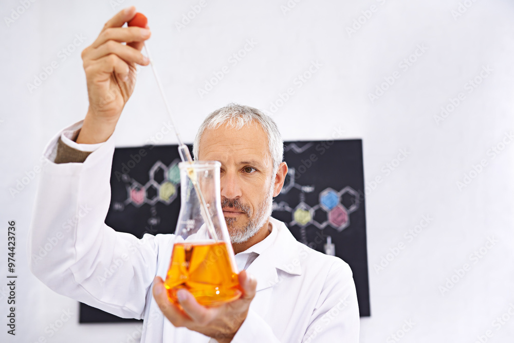 Canvas Prints Experiment, chemistry and scientist liquid in lab, mature man and medical research for healthcare. Thinking, chemical and test with dropper, cure and drug development for mpox, science and clinic