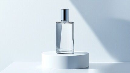 A sleek minimalist product display featuring single glass perfume bottle on white pedestal, illuminated by soft light, evokes sense of elegance and simplicity